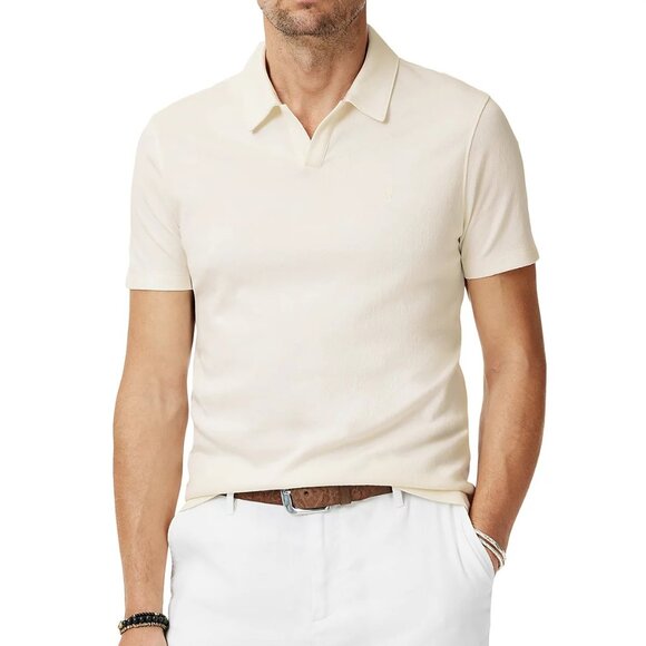 John Varvatos Men's Hauge Peace Sign Jacquard SS Polo Open Collar Shirt Natural - Picture 1 of 7